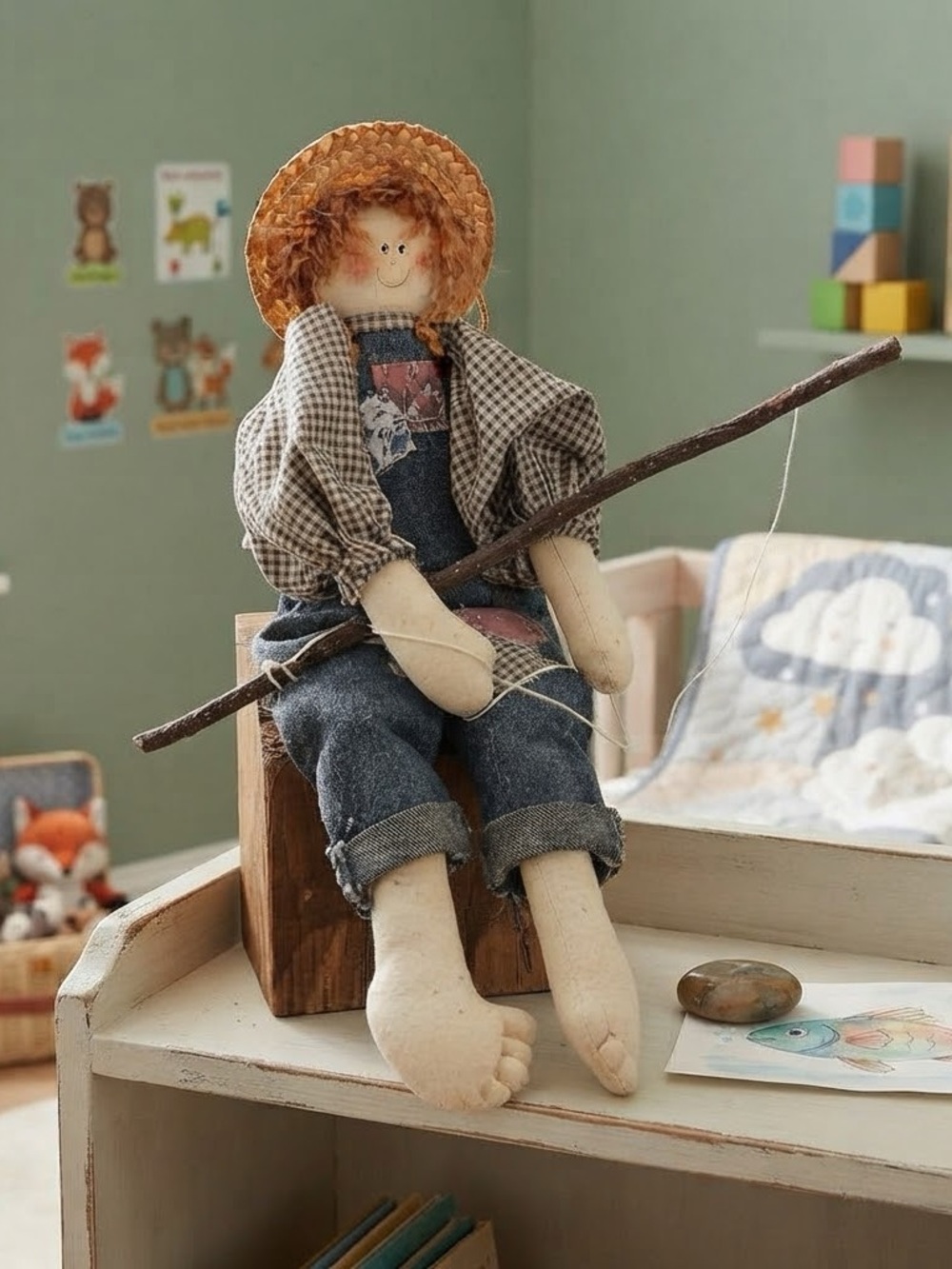 Handmade Rag Doll with Fishing Rod
Primitive country-style scarecrow figurine 9”